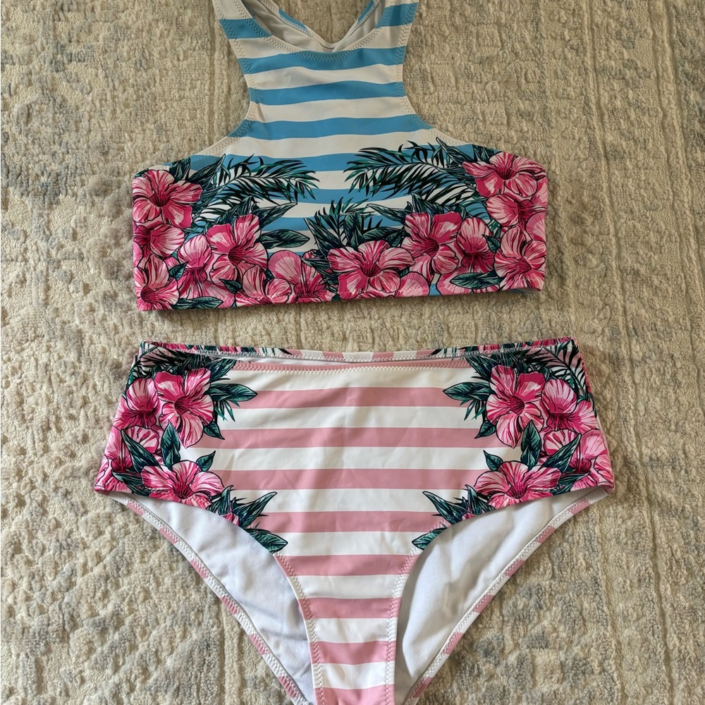 Cupshe Women’s Swim Set - Blue and Pink Floral